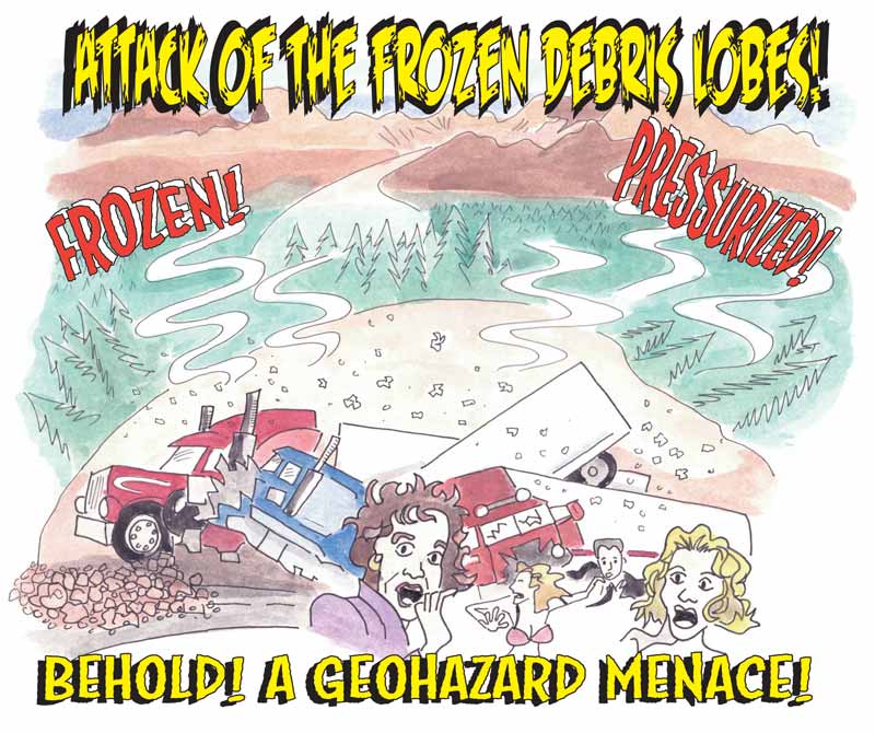 Cartoon depicting screaming figures in foreground as frozen debris lobes approach from background